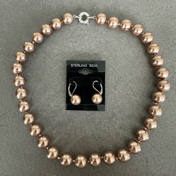 Champagne Colored Pearl Hand Knotted Necklace & Earring Set